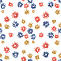 Fourth of July seamless pattern. Red, Blue fireworks bursts backdrop. Independence day holiday background. Hand drawn watercolor 4th of July clipart for wrapping paper, gifts, textile, napkins