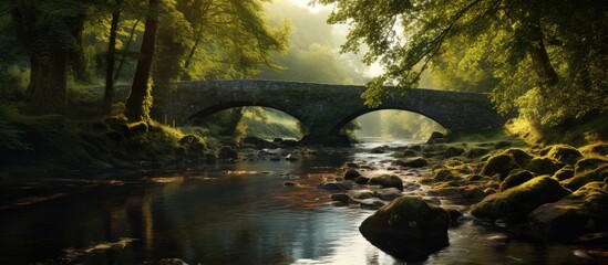 Wooden bridge stretching across a serene stream in a lush forest with moss-covered rocks. with copy space image. Place for adding text or design