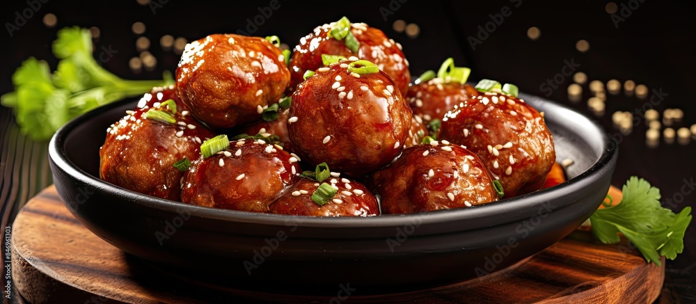 Poster Delicious pork balls garnished with sesame seeds and parsley, a savory treat. with copy space image. Place for adding text or design
