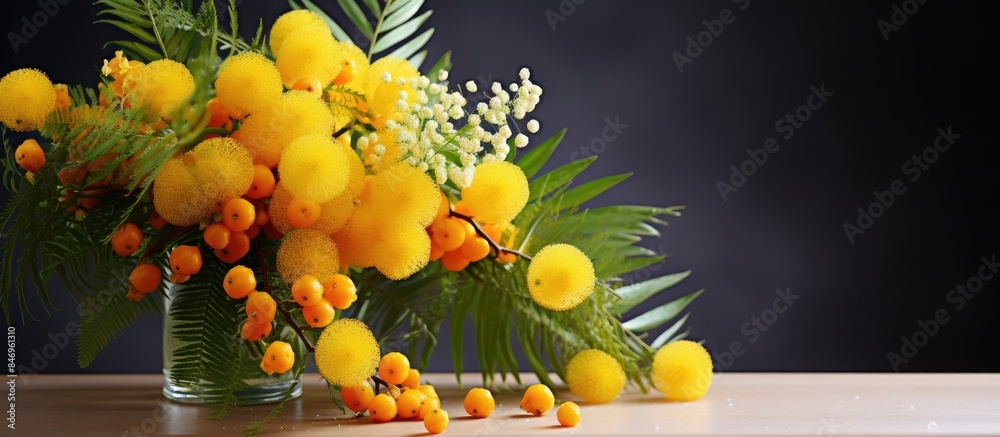 Poster Yellow blooms arranged in a glass container with vibrant green foliage and small orange fruits. with copy space image. Place for adding text or design
