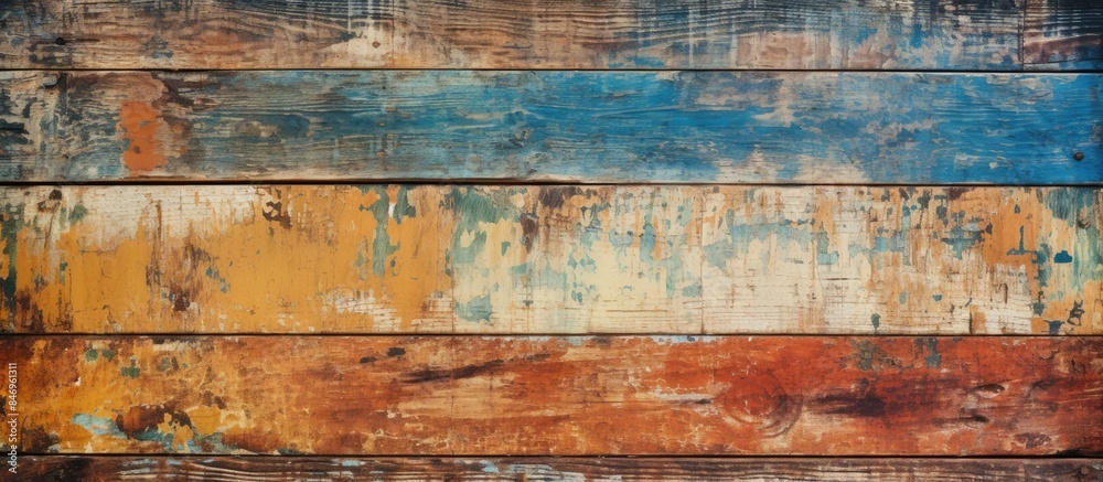 Poster wooden surface showing signs of aging with paint peeling off, revealing its weathered texture. with 