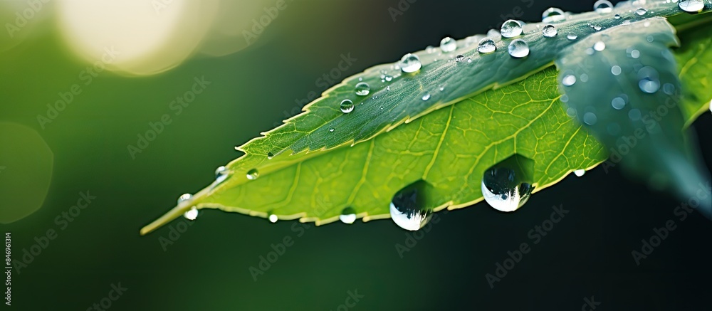 Poster water droplets from morning dew hang delicately over a vibrant leaf in stunning detail. with copy sp