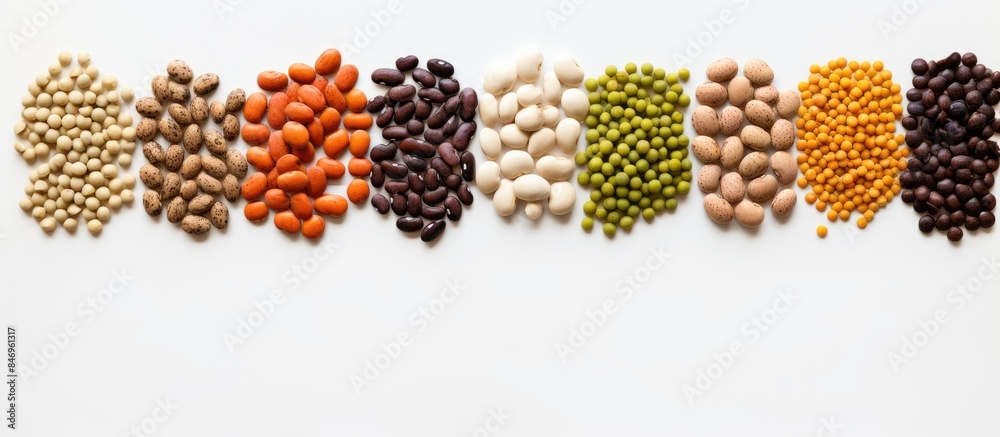 Fototapete Assorted beans, peas, and lentils arranged in a tidy line on a clean white background. with copy space image. Place for adding text or design
