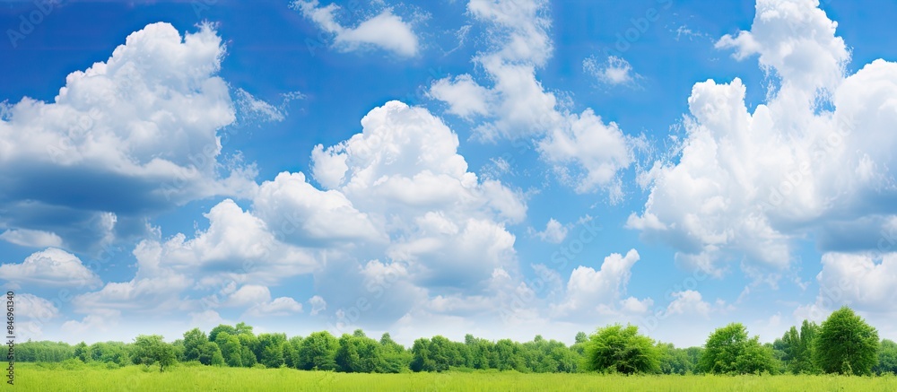 Aufkleber fluffy white clouds float in the blue sky above a field dotted with lush green trees, a serene natur