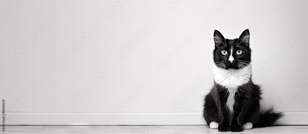 Poster seated adorable feline, black and white cat gazes towards the camera. with copy space image. place f