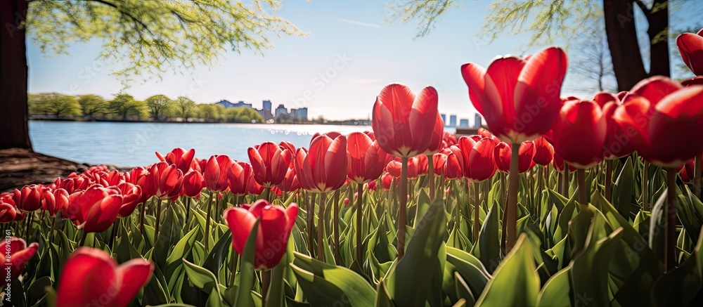 Poster lush field of red tulips flourishing alongside a serene body of water under the bright sun. with cop