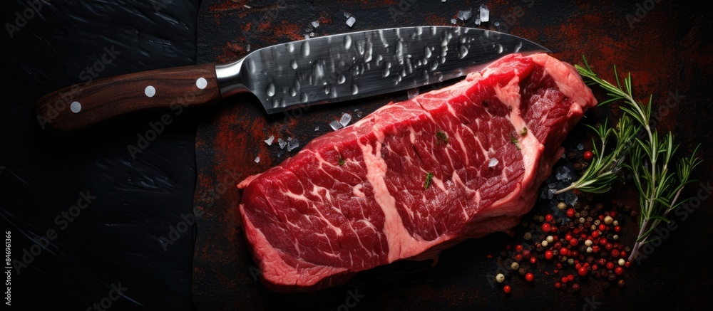 Fototapete sliced beef steak being prepared on a cutting board with a knife and sprinkled pepper. with copy spa