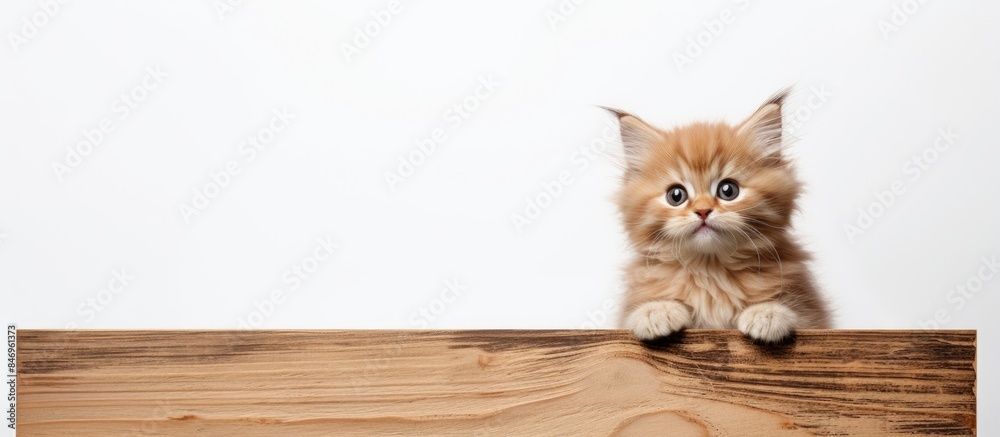Poster Young cat attentively gazing while perched on wooden surface. with copy space image. Place for adding text or design