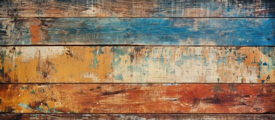 Wooden surface showing signs of aging with paint peeling off, revealing its weathered texture. with copy space image. Place for adding text or design