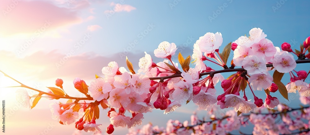 Poster Cherry tree branch with beautiful pink flowers blooming in spring under a sunset sky. with copy space image. Place for adding text or design