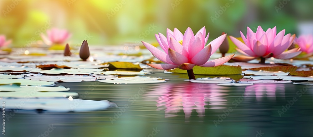 Leinwandbilder pink water lilies blooming in a pond surrounded by green leaves floating on the water's surface. wit