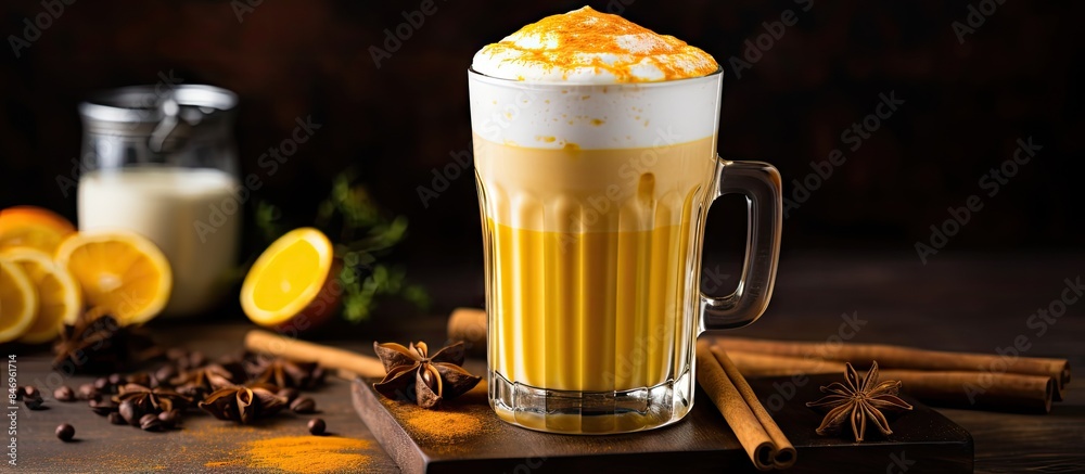 Fototapete Close-up of a glass of coffee topped with whipped cream and slices of orange, in a visually appealing arrangement. with copy space image. Place for adding text or design