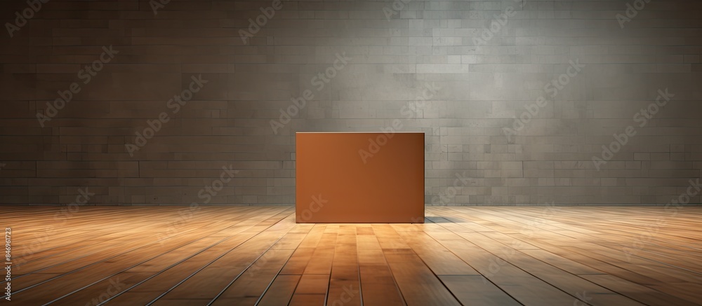 Poster Simple room featuring wooden flooring and brick wall with Q and A block on the floor. with copy space image. Place for adding text or design