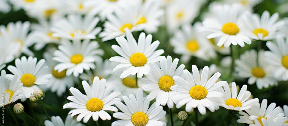 Poster lush meadow adorned with numerous white flowers boasting bright yellow centers in a stunning natural