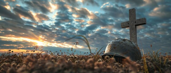 Memorializing WWII Hero - Soldier's Helmet on Gravestone under Vast Sky for Text Space
