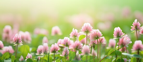 Lush field featuring delicate pink flowers amidst green leaves illuminated by the sun. with copy space image. Place for adding text or design