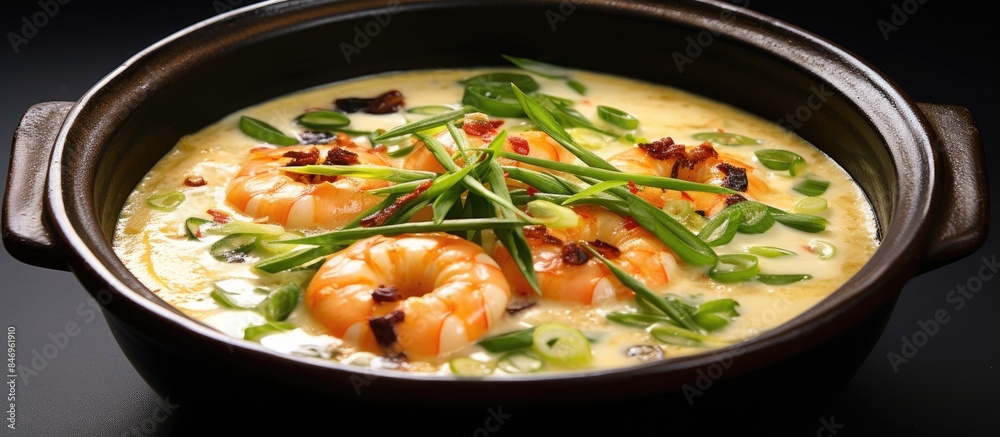 Leinwandbilder a delicious bowl of soup featuring succulent shrimp and garnished with thinly sliced green onions. w