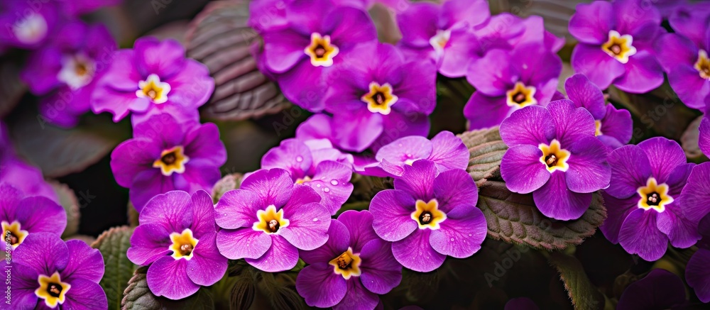 Poster vibrant purple flowers displaying yellow centers thrive in a lush garden setting. with copy space im