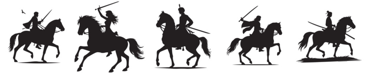 vector set collection of people riding horses with swords silhouette style