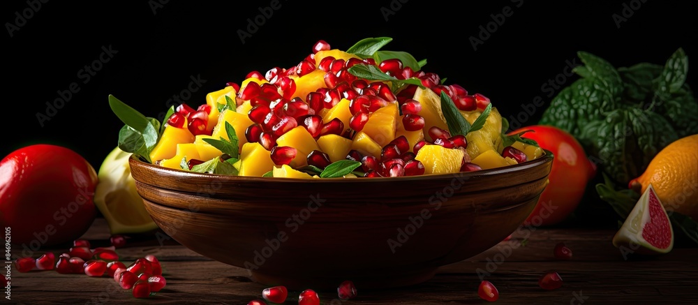 Poster colorful fruit salad featuring fresh pomegranate seeds and juicy orange slices in a bowl, creating a
