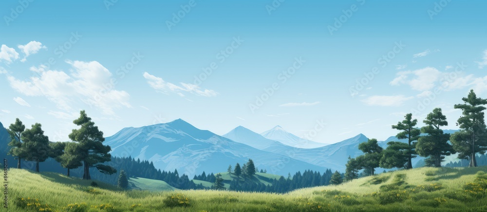 Fototapete mountain covered in dense green trees stands majestically against a backdrop of a beautiful blue sky