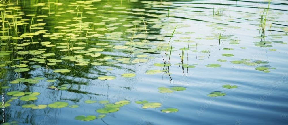 Poster Lily pads floating peacefully on a pond surrounded by lush green grass and trees in the background. with copy space image. Place for adding text or design