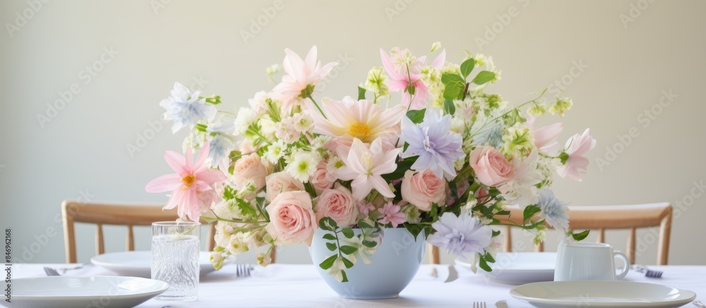 Leinwandbilder elegant dining table adorned with a pastel-colored floral arrangement centerpiece alongside plates a