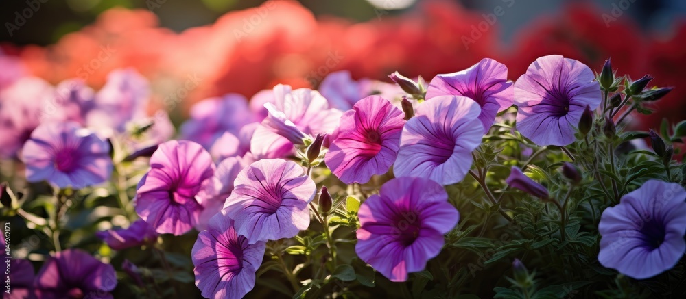 Poster purple and coral petunias with vibrant colors blooming in a garden setting. with copy space image. p
