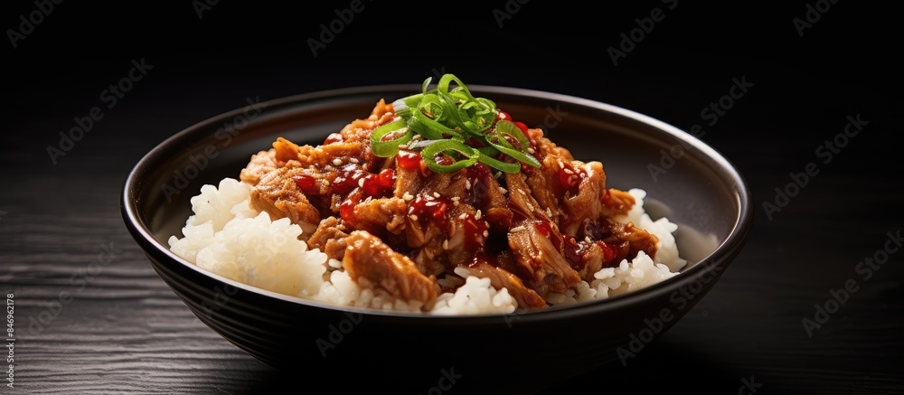 Fototapete Rice and meat combined in a bowl, capturing a mouth-watering close-up shot. with copy space image. Place for adding text or design