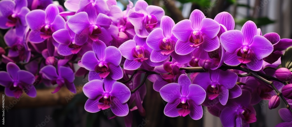 Fototapete purple flowers blooming in a pot placed on a wooden table, adding a colorful touch to the surroundin