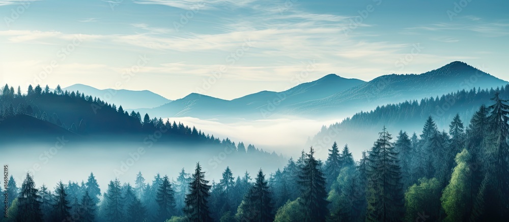 Poster silhouetted misty mountains against a blue sky, surrounded by lush green forest of pines and firs, a
