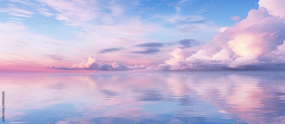 Poster splendid view of pink mother of pearl morning sky with stunning clouds reflecting on the water. with