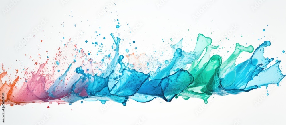 Poster Colorful water splashes in a rainbow arc on a clean white surface. with copy space image. Place for adding text or design