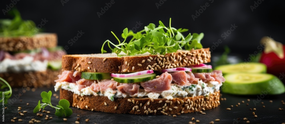 Poster close-up of a tasty sandwich featuring a mix of creamy tuna, cream cheese, and sesame seeds on a tab