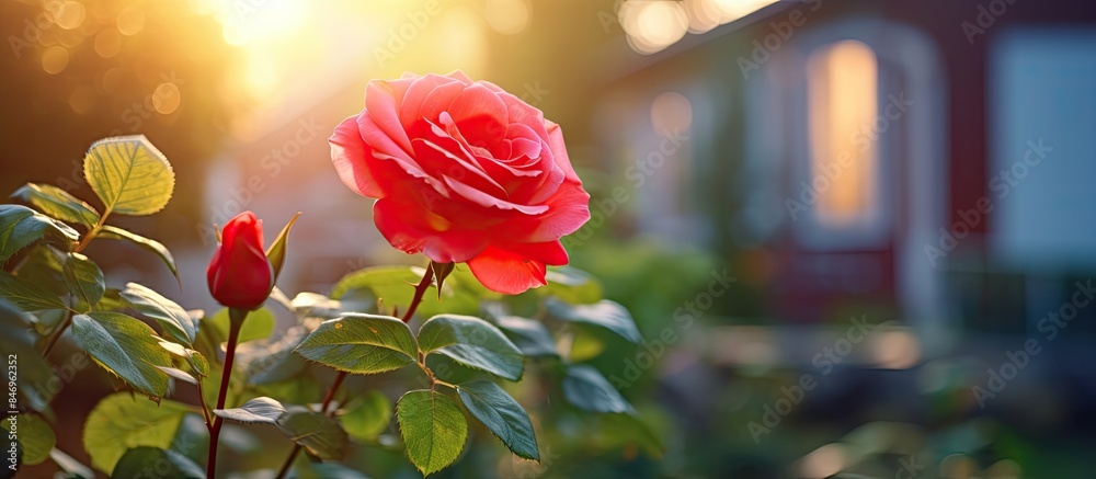 Aufkleber soft-focused scarlet rose bud blossoming in cottage yard garden. with copy space image. place for ad