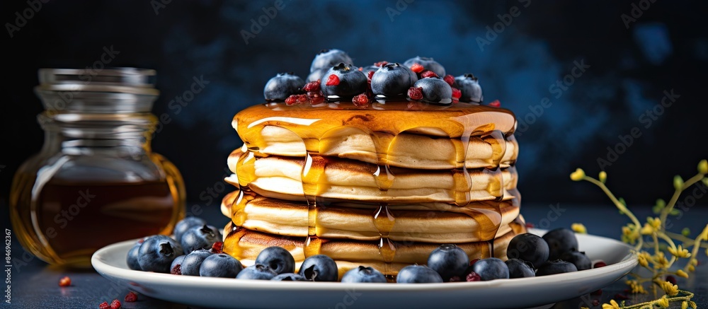 Fototapete pancakes topped with fresh blueberries and drizzled with honey on a plate. with copy space image. pl
