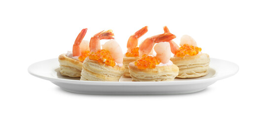 Delicious puff pastry with shrimps, cream cheese and red caviar isolated on white