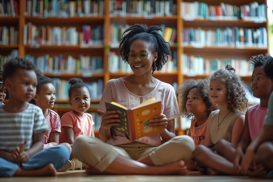 Teacher holding book in library surrounded by excited young children - Powered by Adobe