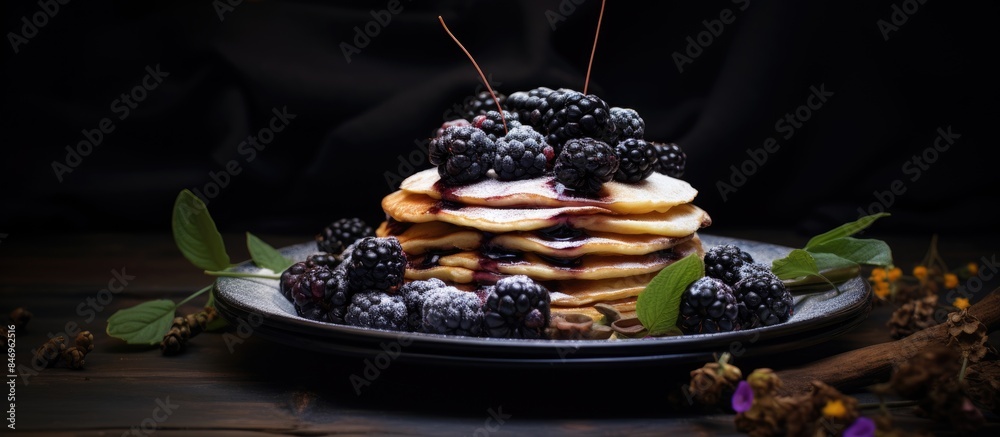 Leinwandbilder delicious pancakes topped with a variety of fresh berries on a white plate. with copy space image. p
