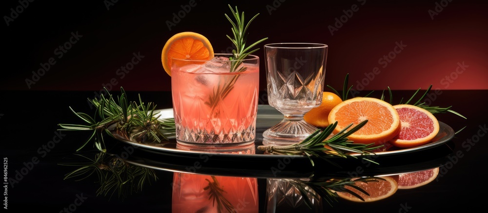 Leinwandbilder Glass of water with refreshing orange slice and another glass with fragrant rosemary sprig. with copy space image. Place for adding text or design