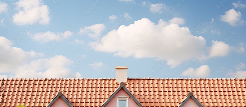 Poster house featuring a red roof, a white window, and red tiles on the roof. with copy space image. place 