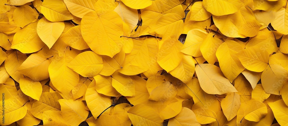 Poster Autumn background texture of fallen yellow leaves scattered on the ground in a pile. with copy space image. Place for adding text or design