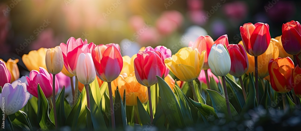 Poster Vibrant tulips of various hues bloom beautifully in a sunny spring garden setting. with copy space image. Place for adding text or design
