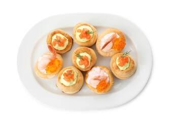 Different delicious puff pastry snacks isolated on white, top view
