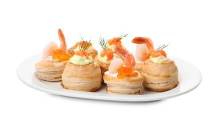 Different delicious puff pastry snacks isolated on white