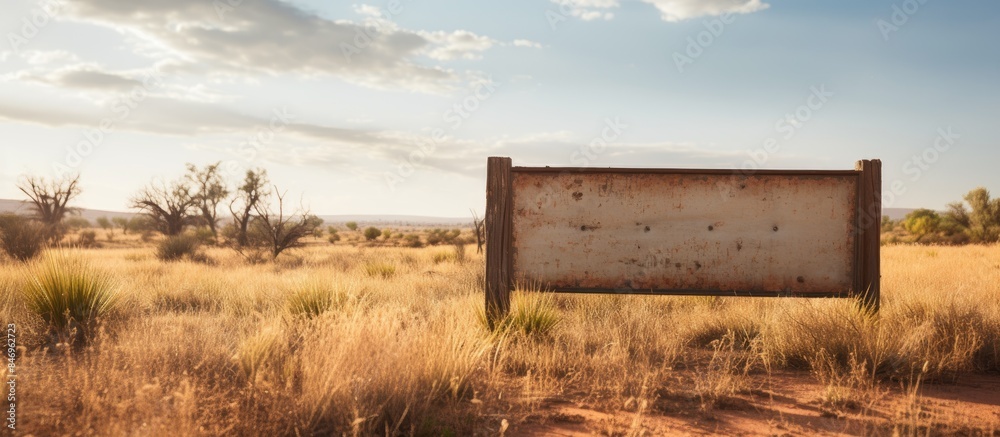 Fototapete A weathered, blank sign, battered by time, stands alone in the midst of a vast field of tall grass. with copy space image. Place for adding text or design