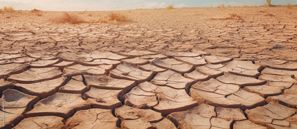 Poster dry, cracked ground under a clear blue sky, indicating the impact of drought on the landscape. with 
