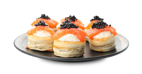 Delicious puff pastry with cream cheese, salmon and black caviar isolated on white