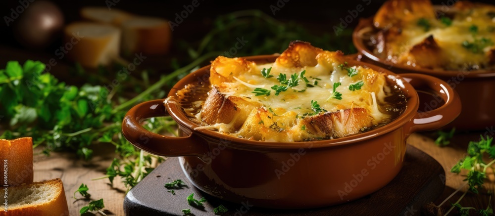 Aufkleber Two brown bowls of food on a table with bread and parsley. with copy space image. Place for adding text or design