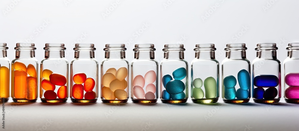 Poster Various colored pills stored in glass bottles arranged neatly in a row on a surface. with copy space image. Place for adding text or design